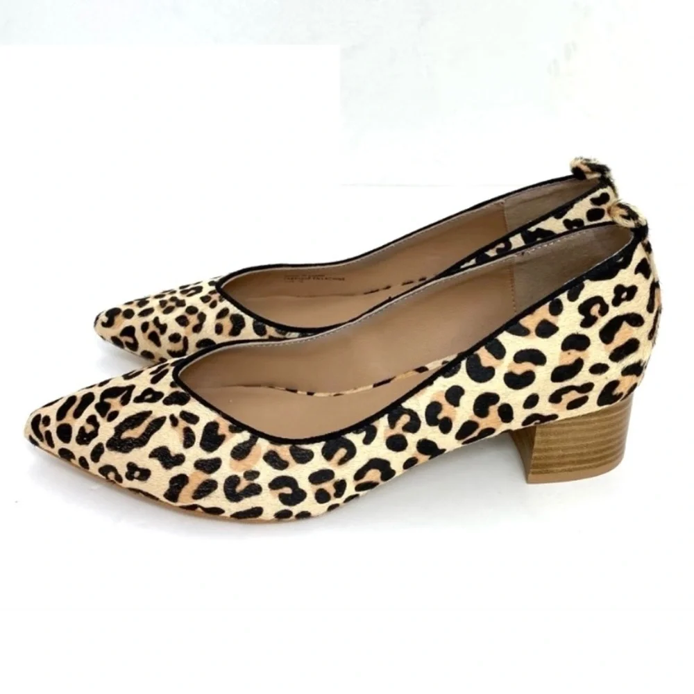 ANTHROPOLOGIE Beatriz Leopard Calfskin Pointed toe Block Heel Pumps in Beige